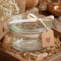 WECK Sturzglas 50ml dekorativ als Geschenk mit Schleifenband und Herzanhänger in rustikalem Ambiente präsentiert