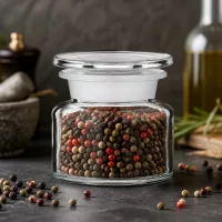 Kompaktes Gewürzglas 50 ml Klarglas mit Pfeffermischung auf rustikalem Küchenuntergrund