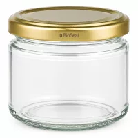 UniTWIST Runda330 Einmachglas mit goldenem TO82 BioSeal Deckel aus klarem Glas für Konservierung
