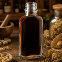 50 ml Meplatflasche aus klarem Glas mit dunkelbraunem Pflanzenextrakt gefüllt