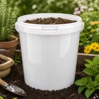Runder PP-Eimer in Weiß 10,7L ohne Deckel gefüllt mit Gartensubstrat