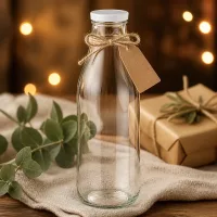 1000ml Glasflasche BasicSeal Deckel weiß Geschenkverpackung Jutesack Eucalyptus Deko warmes Licht rustikale Präsentation