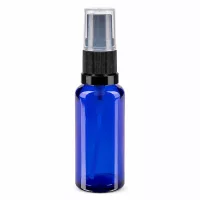 Blaue 30ml Glasflasche mit Feinsprüher schwarz transparent ideal für Kosmetik und Pharmazie