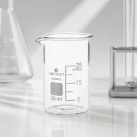 UNiTWIST Becherglas niedrige Form 25ml Borosilikat mit grauem Beschriftungsfeld für Labormarkierungen