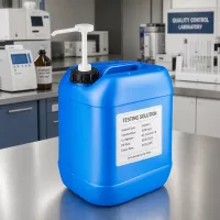 Großformatiger blauer Kunststoffbehälter 20 Liter mit weißer Pumpe für Flüssigkeiten in der Analytik