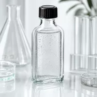 Kleine rechteckige Klarglasflasche 50 ml Meplat mit schwarzem Deckel auf weißer Laboroberfläche