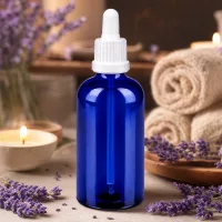 Robuste Pipettenflasche 100ml aus UV-schützendem blauem Glas mit weißem Verschluss