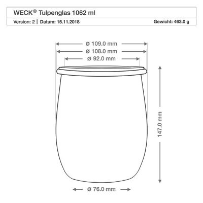Technische Zeichnung WECK Tulpenglas 1062ml RR100 mit Maßangaben Durchmesser Höhe für Küchenplanung