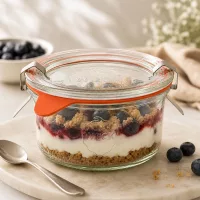 WECK Sturzglas 165ml RR80 mit Schichtdessert aus Blaubeeren, Joghurt und Streuseln als Portion auf Marmorbrett