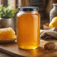UNiTWIST Rundglas 1062 mit schwarzem TO82 BioSeal Deckel gefüllt mit Honig neben Bienenwabe und Honiglöffel