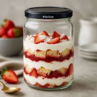 UNiTWIST Runda305 Glas mit Schichttrifle und schwarzem BioSeal Deckel gefüllt mit Erdbeeren und Sahne als Dessert