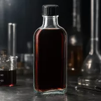 Flache Klarglasflasche 100ml mit geripptem schwarzem Schraubdeckel und tief dunkelroter Füllung