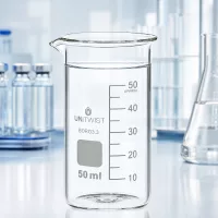 UNITWIST 50ml Becherglas hohe Form Borosilikat mit Erlenmeyer und Ampullen im Hintergrund