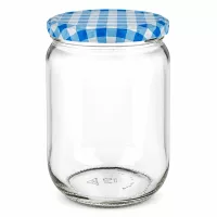 UNiTWIST 555ml Glasdose rund mit luftdichtem BasicSeal Deckel blau-weiß kariert