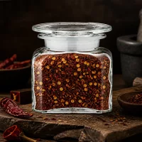 Vierkantglas mit Glasdeckel gefüllt mit Chiliflocken auf dunklem Holz neben Gewürzschale