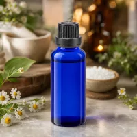 Schlanke kobaltblaue Glasflasche 30ml mit geripptem Schwarzverschluss für homöopathische Tinkturen
