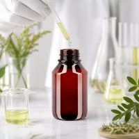 Dosierfreundliche PET Flasche 50ml mit weißem Kindersicherheitsverschluss in Braun