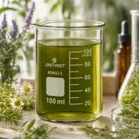 Graduiertes Becherglas 100ml mit grünem Pflanzenextrakt auf Holzoberfläche mit Kamillenblüten