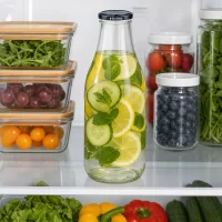 1000ml Glasflasche mit Gurkenwasser im Kühlschrank neben Meal Prep Behältern Beeren Gemüse nachhaltige Aufbewahrung