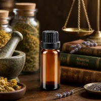 Braune Glasflasche 10ml mit Tropfeinsatz 2mm im Kräuterapotheken Ambiente