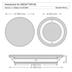 Technische Zeichnung Holzdeckel für WECK RR100 Glas mit Maßangaben 108mm 89mm 18mm Durchmesser Höhe Spezifikation