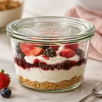 WECK Sturzglas 370ml RR100 mit Schichtdessert aus Keksboden Creme und Beeren als Dessertglas verwendet