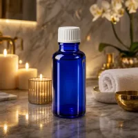 Lichtschutz-Glasflasche in Blau 20ml mit weißem Apothekerverschluss für Naturkosmetik