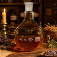 Chemie-Stehkolben aus hitzebeständigem Glas mit goldener Substanz und Normschliffverbindung