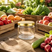 540ml Rundglas mit BasicSeal Deckel gold zwischen frischem Obst und Gemüse auf Holztisch natürliches Ambiente