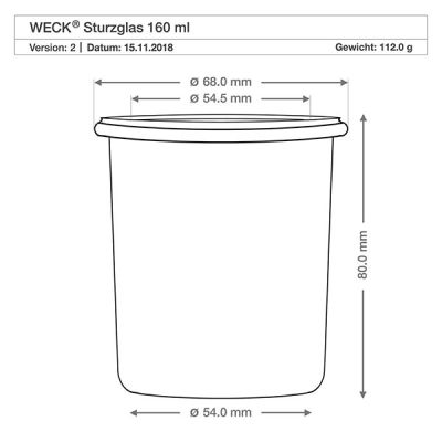 Technische Zeichnung WECK Sturzglas RR60 160ml mit Maßangaben und Spezifikationen für präzise Produktdetails