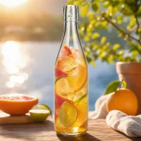 500ml UNiTWIST Glasflasche mit Eistee und Früchten befüllt im Freien als sommerliche Erfrischung mit Zitrusfrüchten