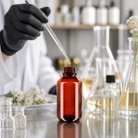 Professionelle Abfüllung ätherischer Öle in braune 100ml PET Flasche mit Originalverschluss