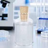 Handliche Glasflasche 30ml mit Kork 11/14mm umgeben von Laborequipment und Reagenzgläsern