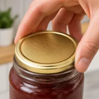 Gebürstete Goldoptik TO58 Deckel UNiTWIST wird auf Vorratsglas mit Marmelade geschraubt