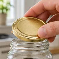Goldfarbener TO58 Einmachdeckel von oben auf Glasöffnung UNiTWIST BioSeal BPA-NI unitemp