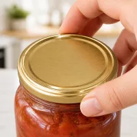 Goldfarbener TO82 Deckel BioSeal wird auf Einkochglas mit Tomatengemüse aufgesetzt