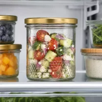 400ml Honigglas mit BasicSeal Deckel gold UNiTWIST als Salatglas im Kühlschrank mit griechischem Salat gefüllt