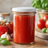 Gefülltes 214ml Vorratsglas BasicSeal Deckel weiß mit Tomatensoße auf rustikalem Holzuntergrund