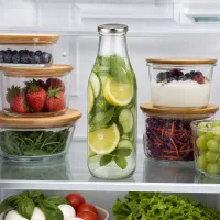 1000ml Glasflasche BasicSeal silber im Kühlschrank mit Infused Water Gurke Zitrone Minze zwischen Vorratsdosen