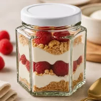 47ml Hexaglas mit weißem BasicSeal Deckel als Dessertglas mit Schichtdessert aus Beeren und Creme befüllt