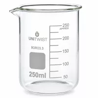 UNiTWIST 250ml Messbecherglas Borosilikat niedrige Form mit Beschriftungsfeld grau