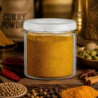 Durchsichtiges Tablettenglas mit feinem aromatischem Currypulver und weißem Schraubdeckel