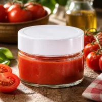 Befüllbares UNiTWIST Rundglas 130ml mit weißem Deckel neben Olivenöl und Kirschtomaten