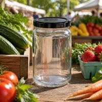 UNiTWIST Rundglas 110ml mit schwarzem TO48 Deckel auf Marktstand zwischen frischem Gemüse und Obst