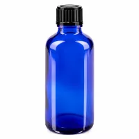 Runde blaue Flasche aus Apothekenglas 50ml mit schwarzem gerilltem Schraubdeckel