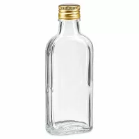 Transparente Flachmann Glasflasche 100ml mit goldfarbenem Schraubdeckel PP22 aus Aluminium