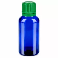 Hochwertige 30ml BlueLine Glasflasche für Kosmetik mit grünem Tropfverschluss