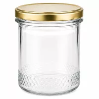 400ml Honigglas leer mit goldenem BasicSeal UNiTWIST Deckel und Wabenmuster am Boden