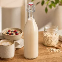 1000ml Glasflasche mit Bügelverschluss gefüllt mit Hafermilch neben Haferflocken und Frühstücksschale auf Holztisch