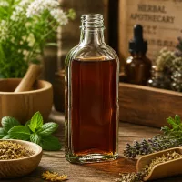 Schmale 100 ml Glasflasche klar mit DIN22 Öffnung neben Lavendel Minze und Trockenblüten